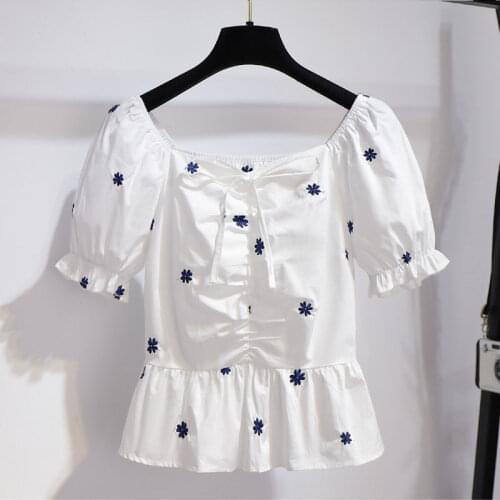 Cotton 100% Women White Blouse Summer New Design 2021 Square Collar Embroidery Puff Sleeved Slim Printed Female Pulls Tops