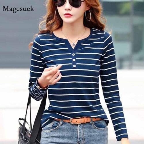 Lady V-neck Plus Size Cotton T-Shirt Women Long Sleeve Striped T-Shirt Spring Autumn Female Clothing Fashion Top Blusas 7215 50