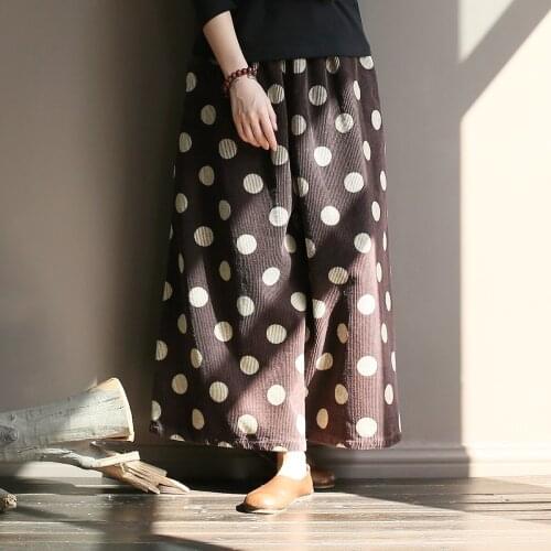 Women Retro Corduroy Wide Leg Pants Ladies Dot Elastic Waist Cotton Vintage Loose Wide Leg Trousers Female Plus Size Pants 2018