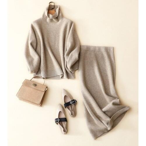 100% Cashmere Sweater Women turtleneck loose cashmere skirt female cashmere suit skirt two-piece suit Cashmere suit