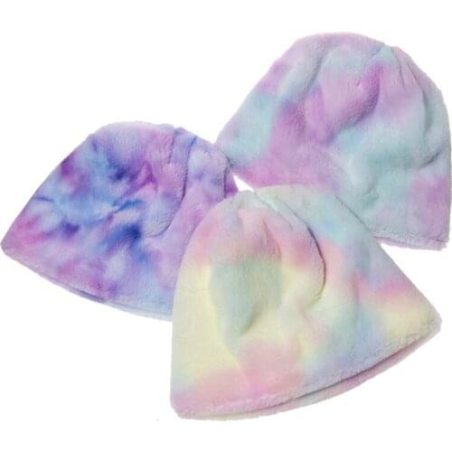 Winter Warm Fuzzy Plush Beanie Hat Rainbow Multicolor Tie-Dye Printed Cuffed Brimless Hip Hop Landlord Docker Ski Skull Cap Stre
