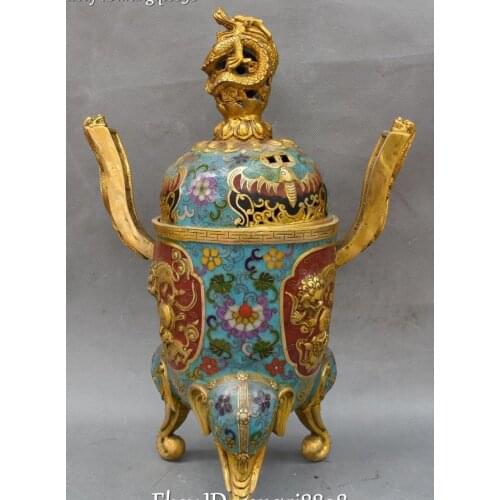 42CM Cloisonne Bronze 24K Gold Gilt Dragon Bat Lion Beast Incense Burner Censer