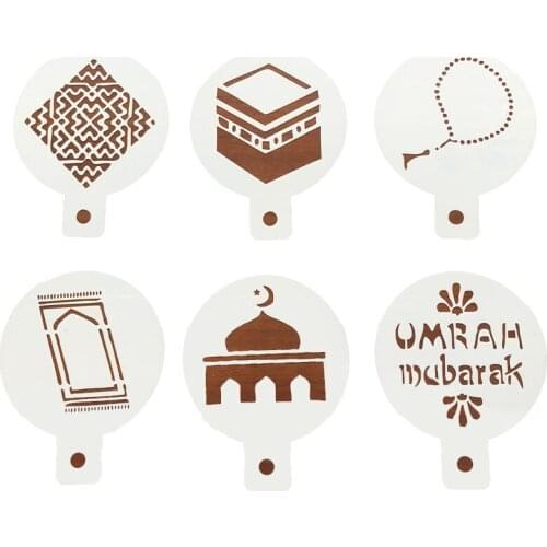 6pcs/set PET Mosque Eid Mubarak Ramadan Design cake stencil , cookie Cappuccino Decorating Mousse Cake Template Coffee mold
