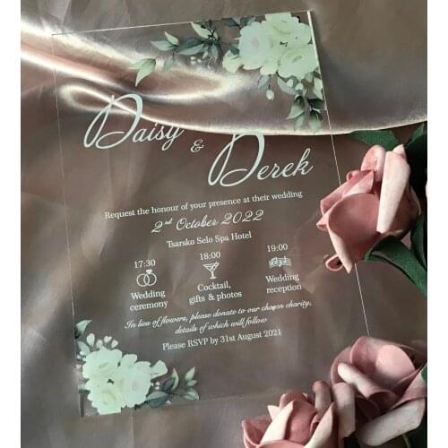 Custom Acrylic Wedding Invitation,Greenery Leaves Design Printed Pocket Envelopes,Acrylic Invites,10pcs White Acrylic Invitation