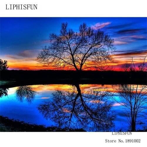 5D Full Drill Diamond Painting Blue Sky Old Tree And River At Dawn Cross Stitch Resin Square Diamond Sets Diamond Embroidery