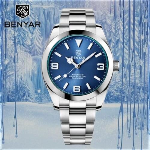 BENYAR Fashion Mens Mechanical Watch 41mm New Mens Top Brand Luxury Watch stainless silvery Case Blue Waterproof Sport Watches