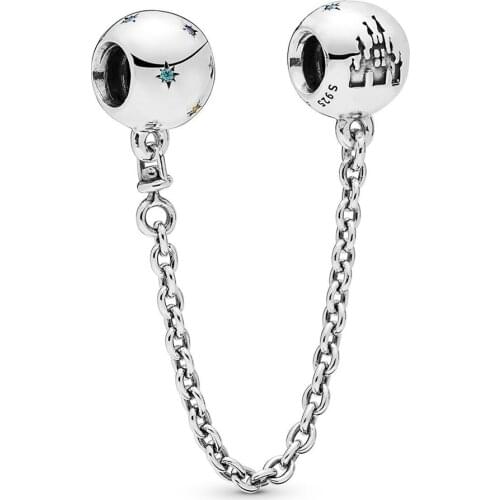 Real 925 Sterling Silver Bead Fantasyland Castle Safety Chain Charm Fit Fashion Women Pandora Bracelet Bangle Gift DIY Jewelry