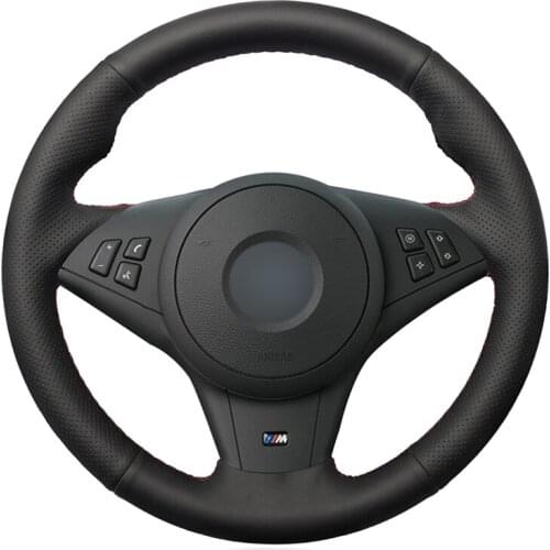 Black Artificial Leather Handsew No-slip Car Steering Wheel Cover for BMW M5 E60 E61 (Touring) M6 E63 E64 2005 2006 2007-2010