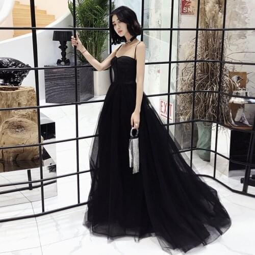 Black Elegant Birthday Party Evening Dress Sling Tail Female 2021 New Banquet Dress Annual Meeting Host Vintage Prom Dress A060
