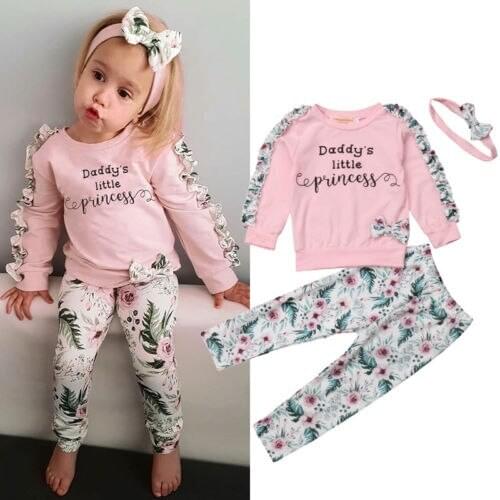 Emmababy Autumn Long Sleeve Letter Cotton Floral Ruffle Pink Bow Letter Tops Pants Girls Outfits Newborn Kids Baby Clothes Set
