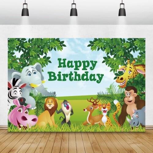 Laeacco Birthday Photophone Jungle Party Green Trees Grassland Animals Newborn Baby Shower Photography Backdrops Backgrounds