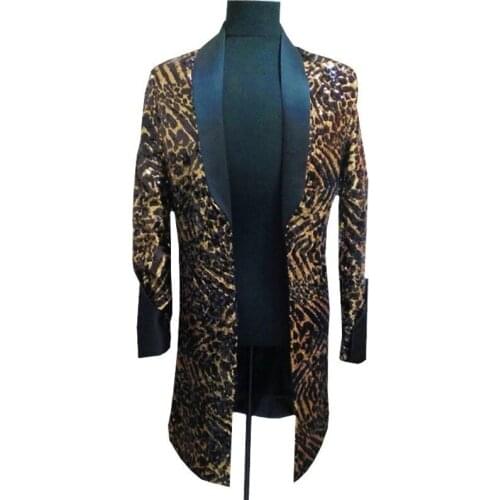 Leopard Singer DJ Nightclub Jlogn With Black Collar Fancy Long Blazer Men Suit Jacket Plus 5xl
