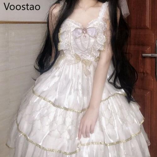 Summer Sweet Lolita Jsk Dress Women Elegant Lace Bow Ruffles Flowers Wedding Dresses Girly Love Poems Party Princess Slip Dress