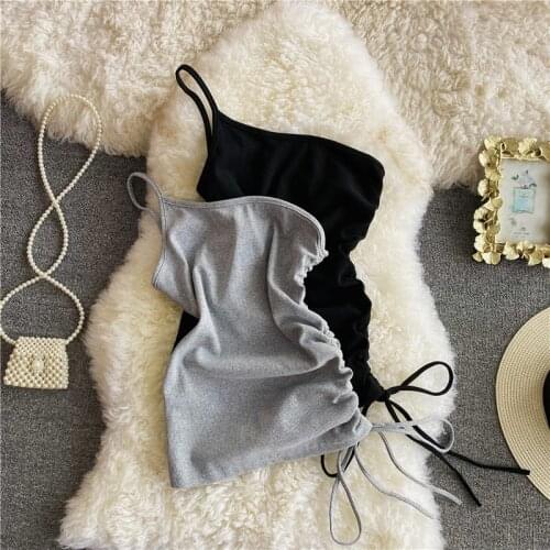 Summer Women Draw String Sexy Tank Crop Tops Female Bodycon Camisoles Sleeveless Irregular Solid T shirts Tees Camisole