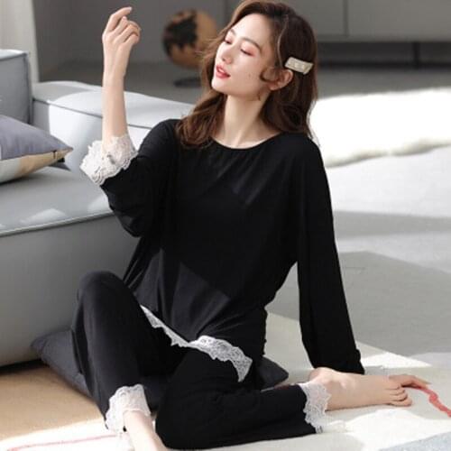 Modal Cool Women Lace Pajamas Set Summer 2Piece/Set Sexy Mom Solid Female Thin Pyjama Stitch Big Size Pjs Home Soft Sleepwear