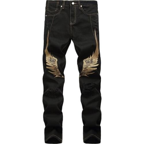 Mens Wings Embroidery Rivet Ripped Jeans Streetwear Trendy Holes Embroidered Denim Pants Slim Straight Trousers