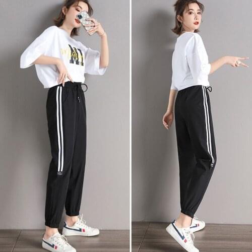 New Plus Size Women Pants Side Striped Sweatpants Autumn Ankle-Length Loose Casual Harem Trousers Black with White Female Wear