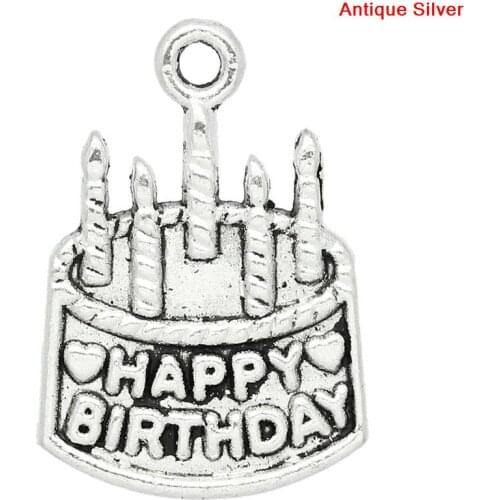 Lovely Charm Pendants Birthday Cake "Happy Birthday" Carved Silver Color 22x15mm,30PCs (B23498)