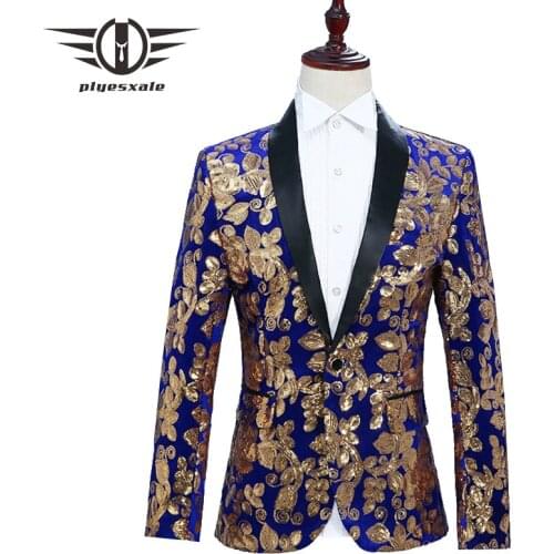 Plyesxale Floral Blazer Men Slim Fit Mens Sequin Jacket Singer DJ Party Stage Blazers Prom Wear Black Royal Blue Red Grey Q286
