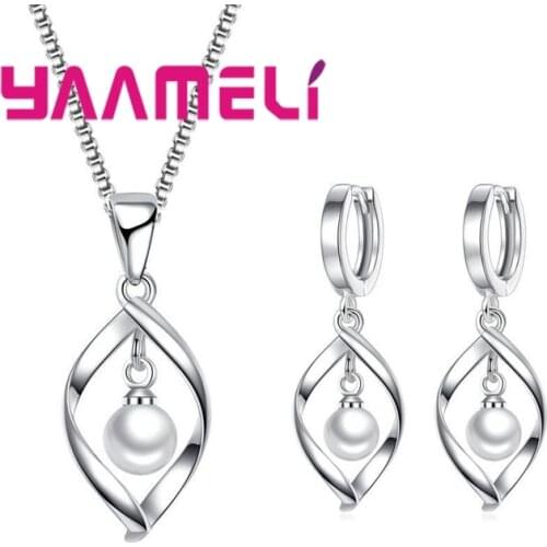 Drop Shipping Trendy Wedding Simulated Pearl Jewelry Sets 925 Sterling Silver Pearls Pendant Necklace Earrings