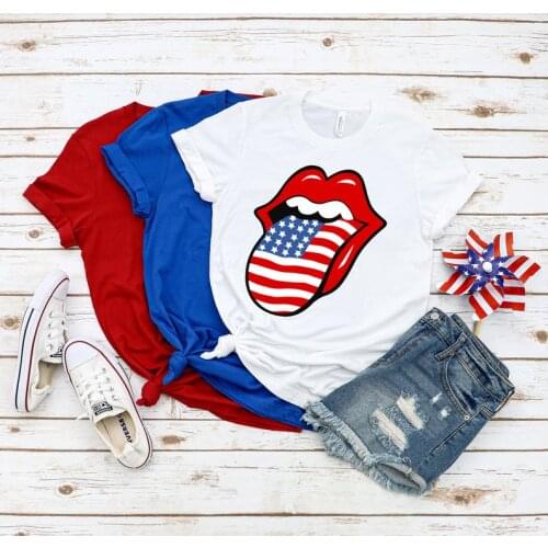 American Flag Lips Patriotic Day Shirt 100% cotton crewneck short sleeve cute fashion top tees for women Ladies Womens t-shirts