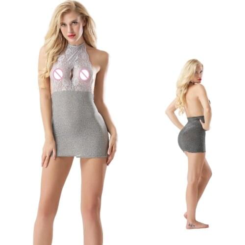 Sexy Halter Lace and Shiny Mesh Mini Dress Backless Sheer Opaque Micro Mini Night Dress Club Wear Plus Size