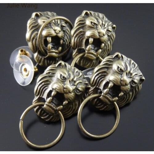 Julie Wang 2/4/6/8PCS Alloy Vintage Bronze Lion Head Shape Earrings With Ear Plugs Men Punk Style Jewelry Decorate Findings