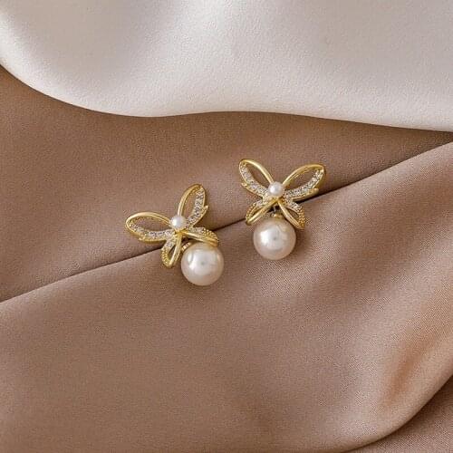 Micro-inlaid Zircon Bow Earrings 2021 New Trendy Pearl Earrings Female Earrings Jewelry Wholesale