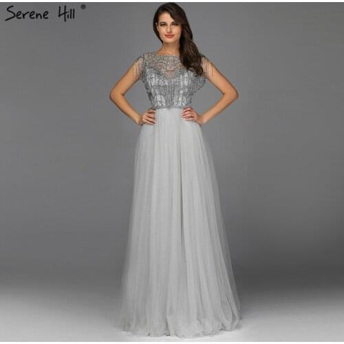 Grey O-Neck Tassel Beading Evening Dressese Design 2020 Sleeveless A-Line Evening Gowns Long Serene Hill LA70167