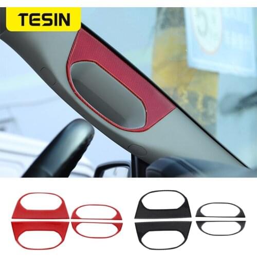 TESIN Soft Carbon Fiber Car Top Roof Grab Handle Decoration Frame Cover Stickers For Dodge Ram 1500 2010-2015 Car Accessories
