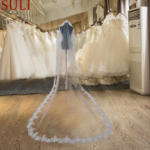 TS1 White One Layer Tulle Lace Edge 3 Meters Long Beautiful Bridal Veil with Comb