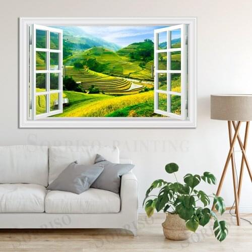 Green Terrace Countryside Scenery Imitation Window Wall Design Art Canvas Painting Posters Picture Prints Home Living Room Decor