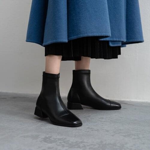 QZYERAI 2021 Med Heels Square Toe Chelsea Boots Office Lady Winter Shoes Stretch Maiden Ankle Boots