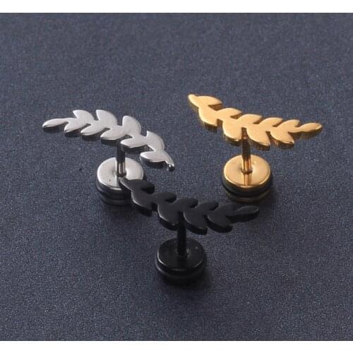 Popular Unique titanium Steel Bent leaf Earrings Screw Men Women Ear stud Earrings Hip hop trendy men earrings