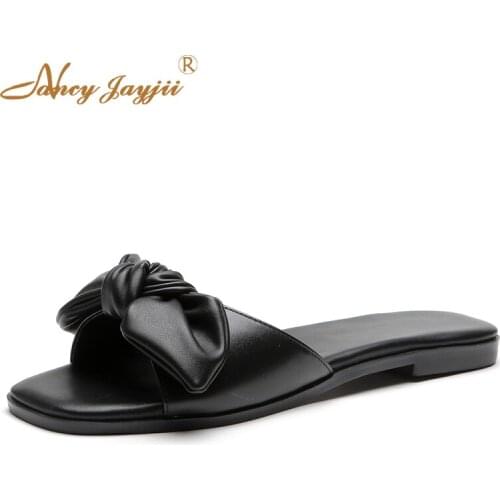 2021 Summer Genuine Leather Women Slippers Slides Butterfly-knot Low Heel Black White Solid Outside Soft All-matched Sheepskin
