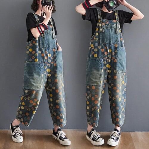 Polka Dot Printed Denim Bib Pants Women 2021 Korean Look Thin Jeans Loose Overalls Strap Nine-point Jumpsuit Trousers Streetwear