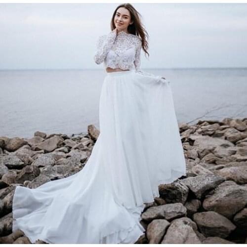 Summer Beach Boho Lace Bridal Wedding Gowns Long Sleeves Two Pieces Wedding Dress for Bride Bateau Neckline Buttons Back 2021