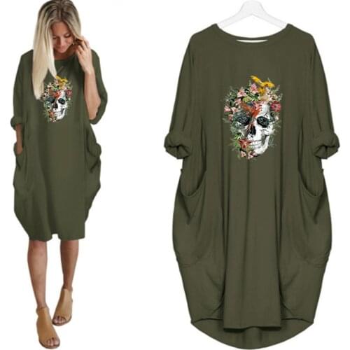 Halloween Dress Plus Size Retro Skull Print Long Sleeve O Neck Pocket Casual Streetwear Fashion Midi Dresses Vestidos Robes