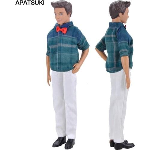 1set 1/6 Doll Clothes Blue Plaid Shirt & White Pants For Ken Doll Trousers For Barbies Boyfriend Ken Prince Boy Doll Clothes