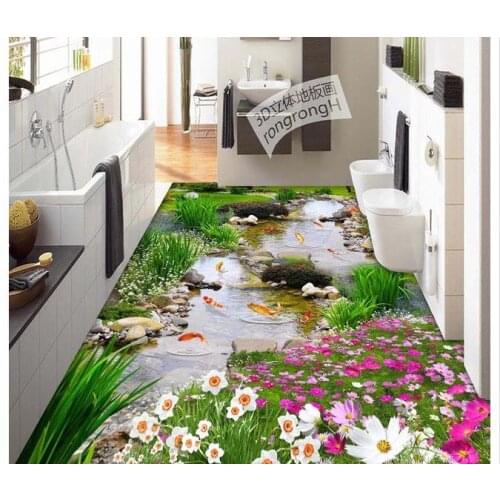 3d floor painting wallpaper Garden stream fish 3D floor painting decoration pvc wallpaper 3d floor 3d wallpaper