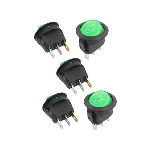 5 Pcs 3 Pin SPST Green Neon Light On/Off Round Rocker Switch AC 6A/250V 10A/125V