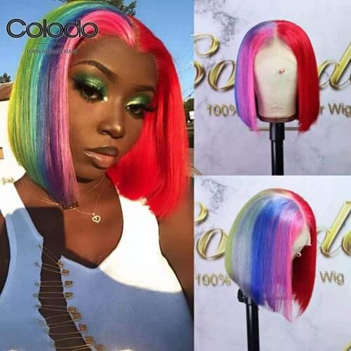COLODO Half Red Half Rainbow Lace Front Wigs Brazilian Preplucked Rainbow Wig Glueless Short Bob Human Hair Wigs For Women