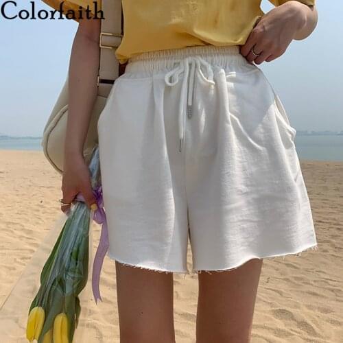 Colorfaith New 2021 Summer Women Shorts Wide Leg High Elastic Waist Casual Beach Loose joggers Lace Up Shorts Trousers P1948