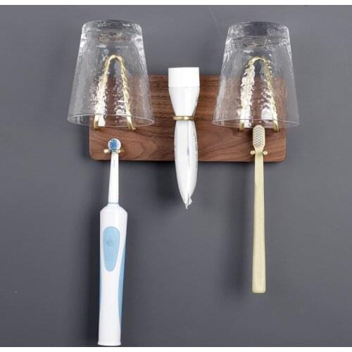 Wood And Metal Bathroom Cup Holder Wall-mounted Bathroom Accessories Storage Rack Toothbrush Mug Cup Holder Brass + Black Walnut