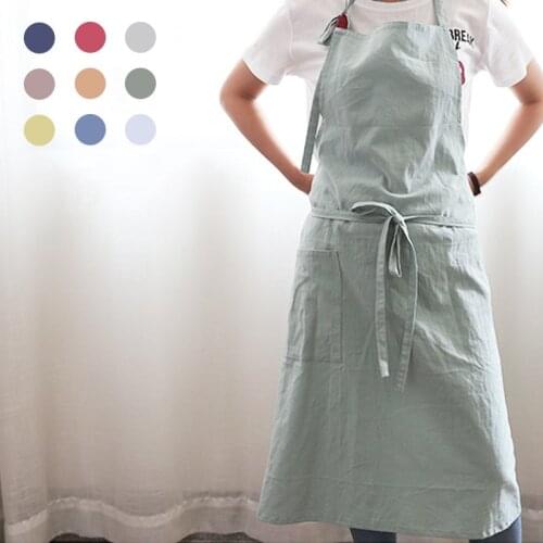Apron Small fresh Japanese plain cotton apron with adjustable kitchen pocket thin adult apron apron for men and woman