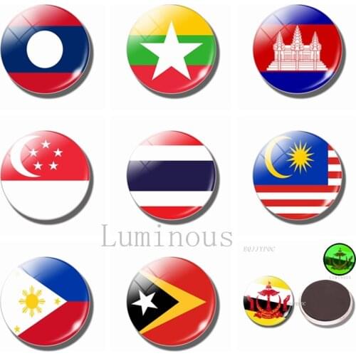 Southeast Asia Flag Luminous Fridge Magnets 30 MM Glass Refrigerator Magnets Brunei Malaysia Philippines Singapore Thailand