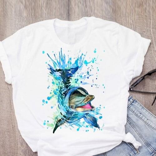 Dolphin graphic T-shirt fishing casual Cartoon womens T-shirt Fashion printed Harajuku Summer Female Tshirt White Tops Tee