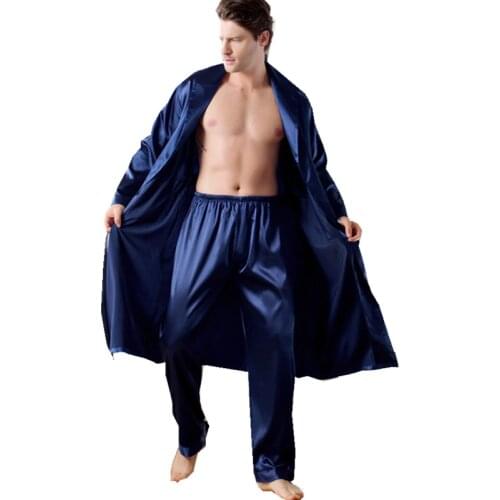 Pocket Robe Trousers Pajama Set 7XL Two-Piece Men Bathrobe Shorts Silk Sleepwear for Men Kimono Soft Cozy Long-sleeved Bath Gown