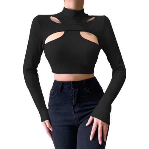 IMCUTE Y2K Womens Sexy High Neck Hollow Ribbed Long Sleeve T-shirt Autumn Fashion New Slim Fit Wrapped Top Knitted Pullover