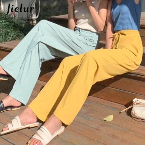 Jielur Summer Green Yellow Womens Pants High Waist 2021 Oversize S-3XL Wide Leg Pants Loose Casual Trousers for Female Harajuku